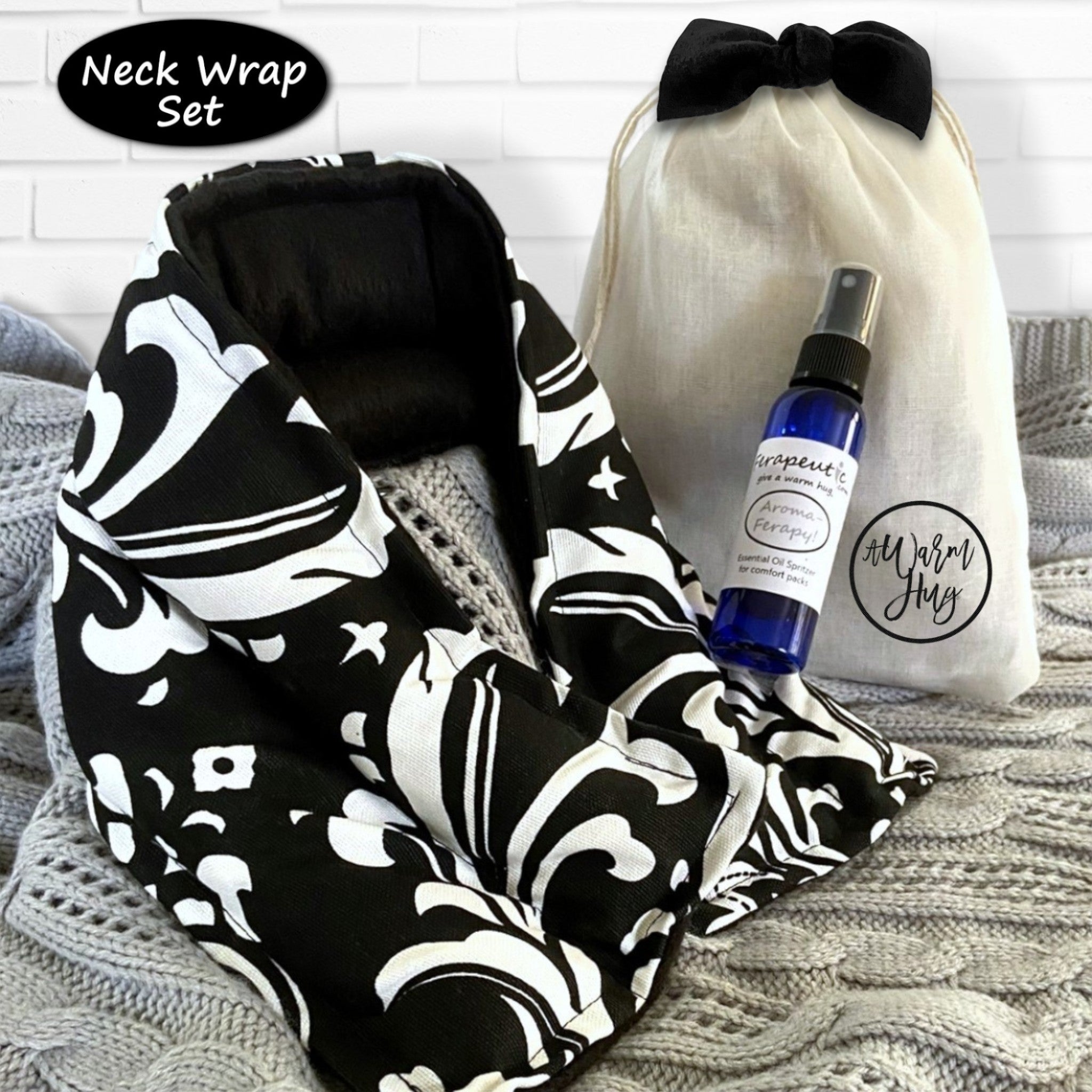 Sending A Warm Hug, Care Package with Heat Up Packs for Any Occasion or Holiday, Black and White Fabric