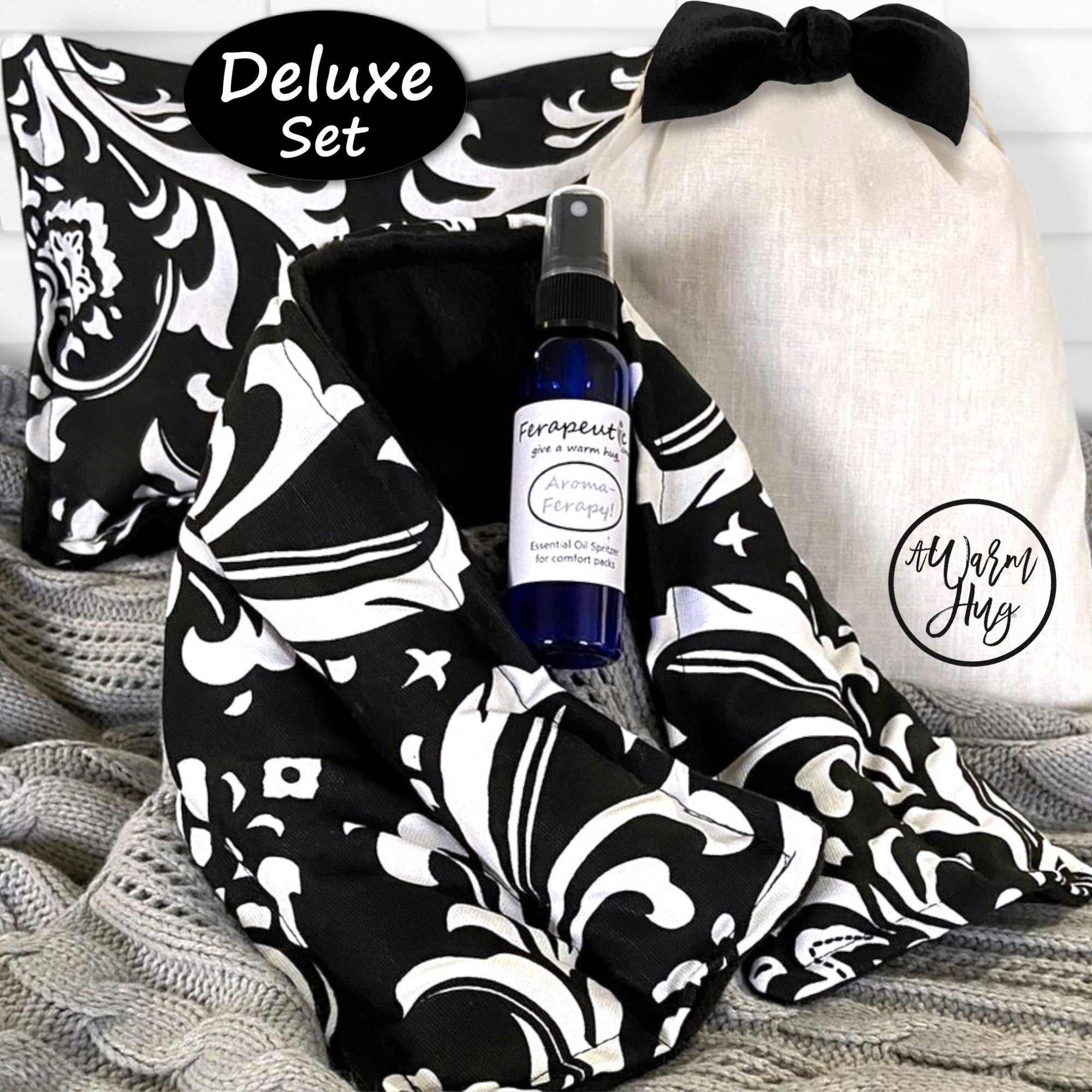 Sending A Warm Hug, Care Package with Heat Up Packs for Any Occasion or Holiday, Black and White Fabric